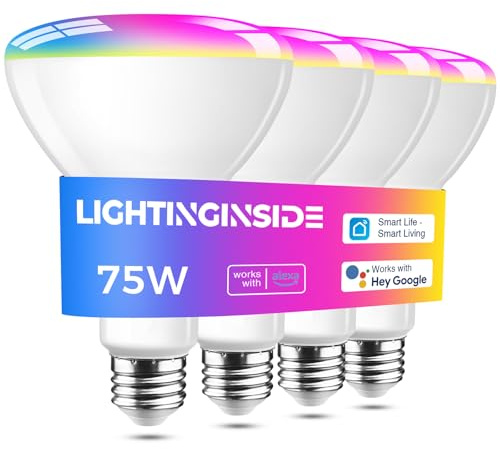 Lightinginside Smart Light Bulb 1100LM, RGBCW BR30 E26 Bulb Works with Alexa/Google Home/SmartLife, 2.4G WiFi Bluetooth Recessed Flood LED Bulbs 12W, No Hub Required, 75W Equivalent, ETL Listed, 4PCS