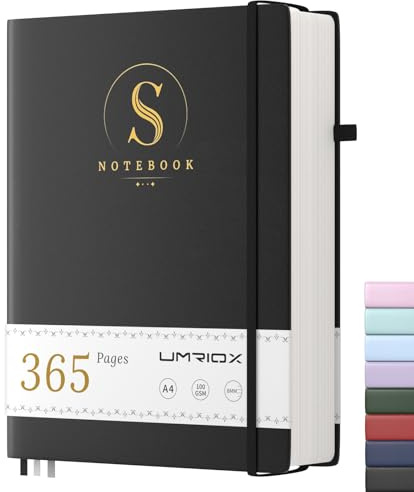 Umriox Notizbuch A4 Liniert,Tagebuch für Erwachsene,Hardcover Journal mit 365 Seiten 100gsm Dickem Papier, Notizblock Für Erwachsene Arbeit,Schreiben,Notizen,Lernen,Reisen,21.5 x 28cm-Schwarz