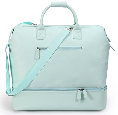 Nobl Travel Weekender Bag for Women & Men, Large Duffel Carry-On Tote with Trolley Sleeve, Separate Shoe Compartment & Laptop Pocket, Leather Overnight Bag for Airplane, Gym, Road Trips - Powder Blue