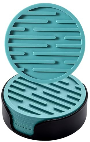 Ateweita Untersetzer Gläser Set, Silikon Runde Glasuntersetzer mit Halter, rutschfeste Tassenuntersetzer für Tasse, Tisch, Kaffee, Bar, Getränke, Drinking Coasters Cup Mat, 6 Stücke (Grau Grün)