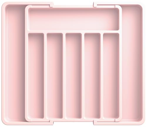 Aujen Cutlery Tray Drawer Organiser Kitchen Storage Pink 34x4x50cm | Adjustable Multipurpose Utensil Organisation for Forks, Knives, Expandable Kitchen Accessories, Home Apartment Essentials