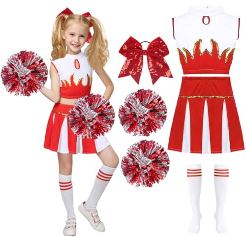 Cheerleader Kostüm Kinder, Cheerleading Kleid, Cheer Uniformen, Crop Tops, Rock, Pompons, Socken und Haarzubehör, Cheerleadering Outfit Mädchen, Kinder Cheer Outfit für Karneval, Mottoparty(Rot, 140)