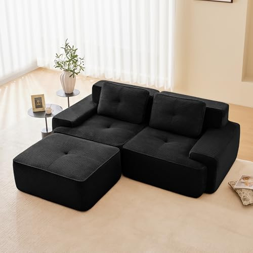 Modulares Cord Sofa L-förmiges Ecksofa Schlafsofa mit Ottoman Hocker Wohnzimmer Couch mit Komfort & Tiefsitz-Unterstützung, Ohne Montage 32D Hochelastische Schaum Boneless Sofa (Schwarz, 2-Sitzer+1)