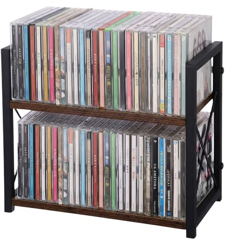 Rainmae CD Storage Shelf for Display Wooden Metal CD Holder Desk Rack Organizer Sturdy Game Disc Display CD Organizer for Countertop Storage Media Shelf Home Office Ideal for Music Enthusiasts (Black)