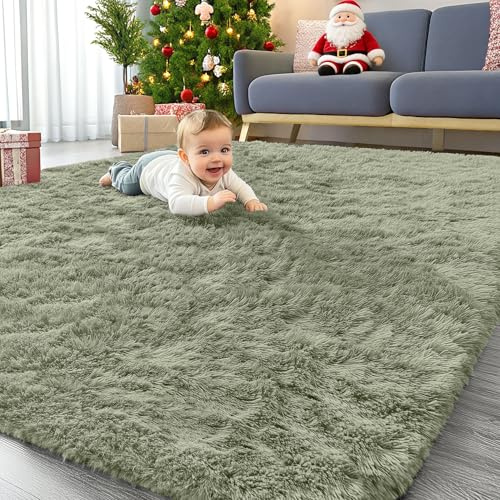 Homaxy Fluffiga lurviga mattor vardagsrum, stor halkfri matta, maskintvättbar mjuk tjock lugg sängmatta för barn, sovrum, barnkammare – kaki grön, 120 x 160 cm