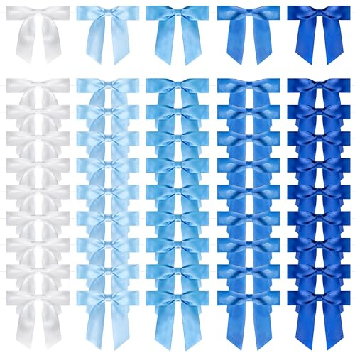 Foshird 50 Stück Blau Schleifen Selbstklebend 9x9cm mit Draht Klebepads | Geschenkschleifen Polyester Kleine Schleifenband Deko für Hochzeit Auto Geburtstag Basteln DIY