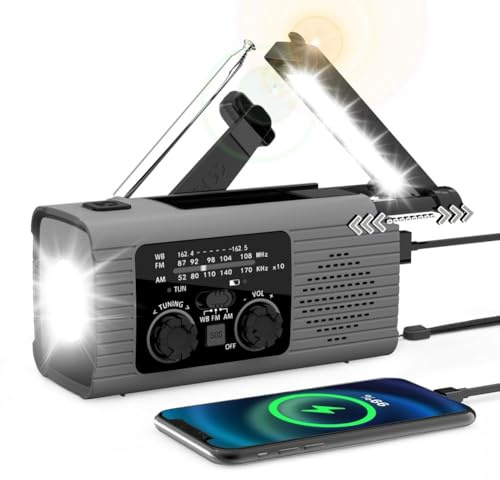 Emergency Solar Hand Crank Radio with LED Flashlight, Reading Light, Battery Backup, SOS Alarm, and Cellphone Charger for Outdoor Use