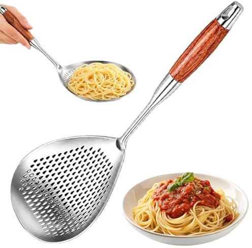 Schiumarola in Acciaio Inossidabile | Mestolo Per Alimenti In Acciaio Inossidabile - Grande Schiumarola con Manico in Legno | per Frittura Scolare Pasta Uova Carne Ravioli Uso Domestico Ristorazione