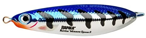 Rapala - Rattlin’ Minnow Spoon Angelköder - Angelzubehör mit Ausladender Sweeping Action - Süßwasser Spinner - Variable Lauftiefe - Fischköder 8cm, 16g - Hergestellt in Estland - Metallic Blue Tiger