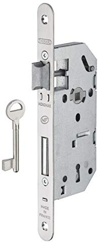 THIRARD - Serrure Encastrable Monomax NF à Clé pour Porte de Chambre - Axe 40 mm - Coffre Acier Embouti - Têtière Inox Bouts Ronds - Mécanisme à 2 Tours - Gâche Plate Acier - 1 Clé - Gris