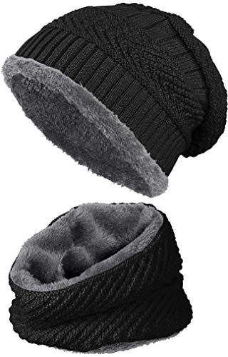 Balinco warm gefütterte Beanie + Schal mit Teddy-Fleece Fütterung mit Flechtmuster Wintermütze Einheitsgröße für Damen & Herren Mütze (4A) (Schwarz/Dunkelgrau)