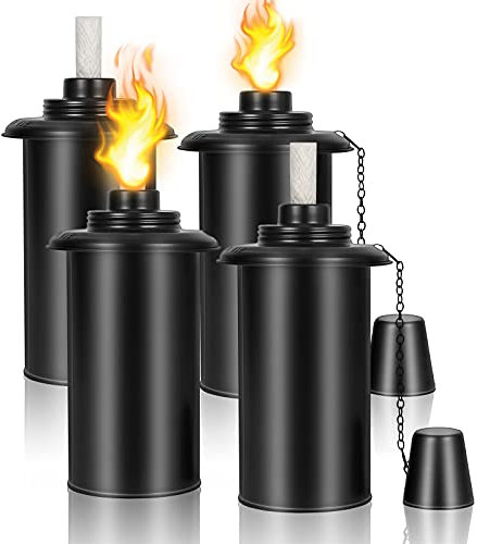 Torch Canisters Refillable, Bamboo Torch Refill Canister - 4 PCS 16 oz Citronella Fuel Torches Replacement Canisters with Wicks and Covers, Patio Torch for Luau Party, DIY Garden Torch Outdoor Decor