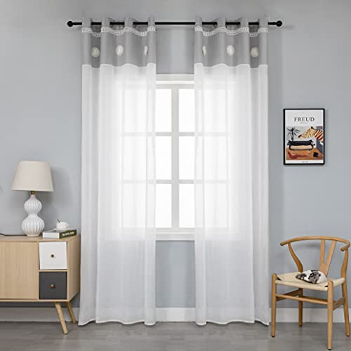 Coppia Tende Bianche Semi Trasparenti Orlo Superiore Grigio con Centrini Ricamati Tenda Misto Lino Stile Shabby Chic per Camera Balcone Finestra e Interni 2 Pannelli con Occhielli (Grigio, 140x280cm)