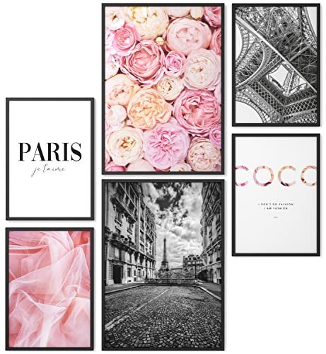 Papierschmiede® Set Mood Posters, Tableau Décoration Murale sans cadres « Coco Paris » Bureau, Salon, Deco Chambre Parentale, Cuisine, 2x A4 et 4x A5, fleurs pivoines rose noir blanc