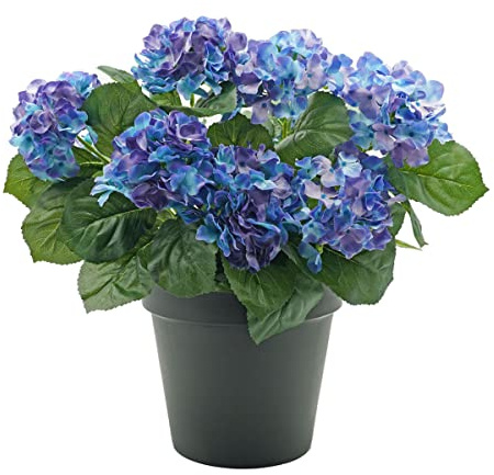 GreenBrokers Künstliche Blaue Hortensien im schwarzen Topf, 50 cm