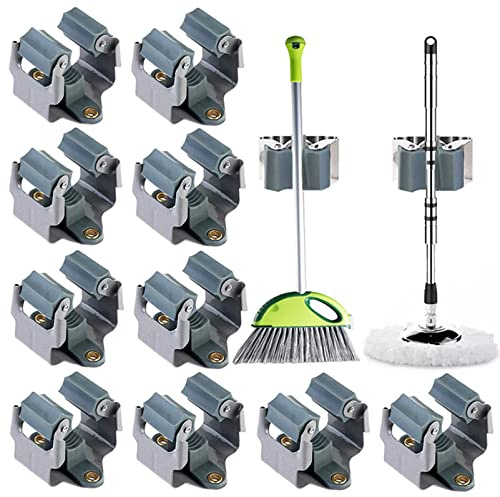 Besenhalterung Wand Besenhalter Mop Halter Wandhalterung Besen Gerätehalter Schaufelhalter Gartengerätehalter Aufhängung Gartengeräte für Zuhause Küche Badezimmer Garage Garten, 10 Stück (Grau)