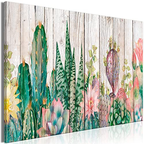 B&D XXL - Wandbilder XXL Kakteen 90x60 cm Leinwandbild 1 tlg Kunstdruck modern Wandbilder XXL Wanddekoration Design Wandbild Kaktus Blume Pflanze Sukkulenten Holzoptik wie gemalt
