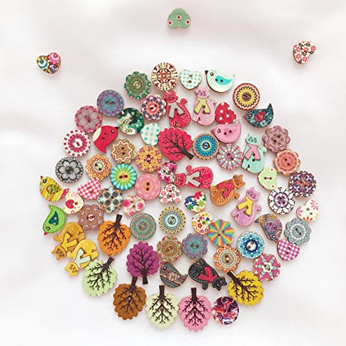 YiYFiT Holzknöpfe, 100 Stück/Packung, 2 Löcher, rund, Katze, Blume, Baum, Herz, Vogelformen für Bastelarbeiten, Nähen, Stricken, Scrapbooking