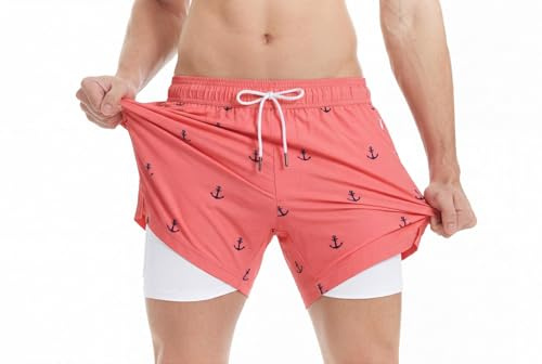 MaaMgic Herren Badehose mit Kompression Badeshorts 2 in 1|14cm Innenlänge Schnelltrocknend lässige Swim Shorts Kurz Boardshorts mit Innenhose Reißverschlusstasche XS-XXL,Rosa Anker 5.5,M