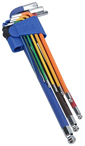 AB Tools Inbusschlüssel, extra lang, mit Kugelkopf, mehrfarbig, mit Halterung, 1,5–10 mm, 9 Stück