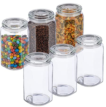 Relaxdays Vorratsgläser mit Deckel, 6er Set, Glas, 2,4 l, achteckige Vorratsdosen, luftdichte Glasbehälter, transparent