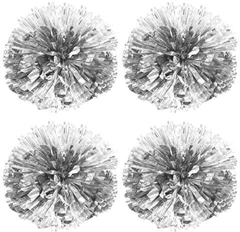 PATIKIL Cheerleading Pom Poms, 4 Pack PET Cheer Pom with Finger Holes for Sport Game Team Spirit Fun Dance Stage Events, Silver