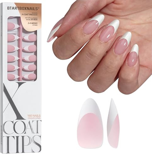 BTArtbox XCOATTIPS White French Tip Press On Nails, M Almond, Pink | Lampenhärtend, 4 Wochen Haltbarkeit, Nageldesign in Salonqualität, Einfach Anzubringen für Anfänger, Nur 160pcs Nagelspitzen