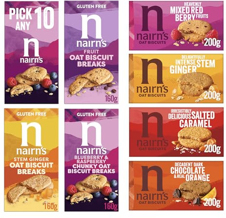 Nairn's Oat Biscuits - Pick Any 10 - Gluten-Free & Non Gluten-Free Variety Pack Biscuits - Healthy Snacks - Assorted Flavours: Chocolate Chip, Cheese, Salted Caramel & More