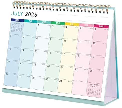 Desk Calendar 2026-2027 - Calendar 2026-2027, Runs from July. 2026 to Dec. 2027, 18 Month Desktop Calendar, Starts on Monday, 25.3 x 20.5 x 7.8 cm, Rainbow plaid