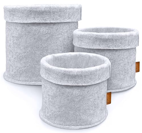 Miqio® Design Premium Filz Korb - Aufbewahrungskörbe rund - 3er-Set - Blumenübertopf - Ökotex Zertifiziert - Faltbarer Organizer für alle Räume - hellgrau