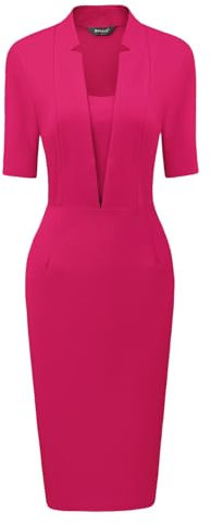 Allegra K Vestido tubo para mujer, cuello en V, manga corta, para trabajo, oficina, vestido midi, Fucsia, L