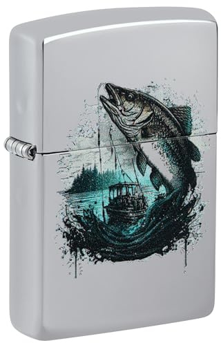 Zippo Briquet tempête Fish and Boat, Poisson et Bateau, Chrome Poli, Image Couleur, Rechargeable, réutilisable, Design Coupe-Vent, boîte Cadeau, fabriqué aux États-Unis
