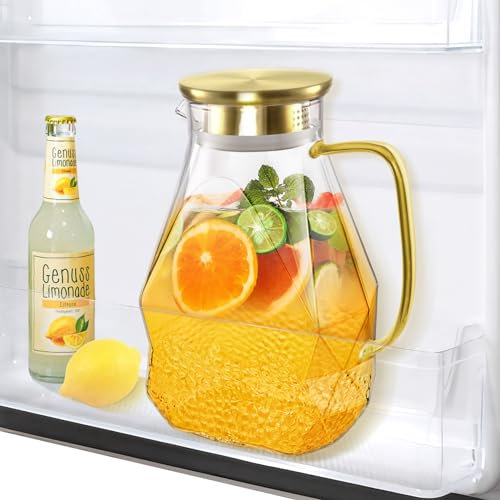 ecooe Jarra de Agua de Cristal 1,8 Litros Jarra de Vidrio Puerta de Nevera Jarra Agua Cristal con Tapa de Acero Inoxidable, Transparente Jarra de Vidrio para Agua Fría/Caliente, Zumo, Leche, Café, Té