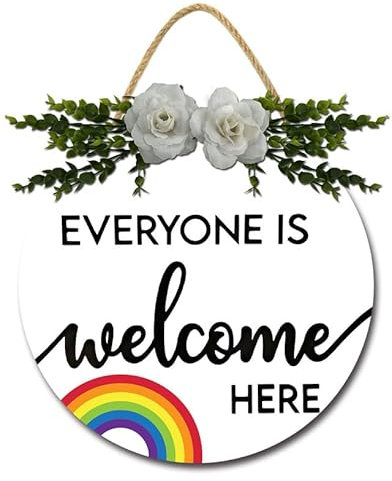 Geroclonup Schild mit Aufschrift Everyone Is Here für Haustür, Willkommensschild, Regenbogen-Herz, Türhänger, Willkommenskranzschild, Stolz, Holzschild, Klassenzimmer-Dekoration, Holzschild für