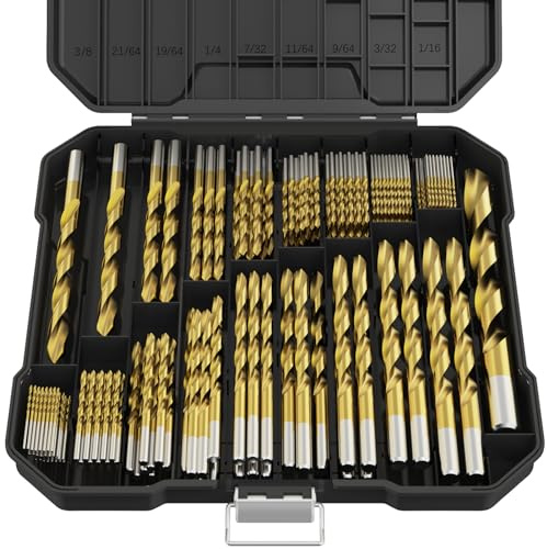 MACXCOIP 230Pcs Titanium Drill Bit Set, 135 Degree Tip HSS Drill Bit Kits, Sizes from 3/64 to 1/2 for Drilling Soft Metal, Aluminum, Copper, Wood and Plastic, with Plastic Indexed Case for Storage