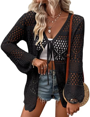 Cardigan en crochet léger à nouer sur le devant pour femme - Manches longues - Pour l'été, noir, Large