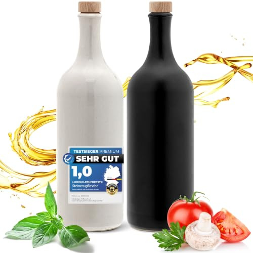 Essig & Öl Steinzeug - Flasche mit Ausgießer, 2er Geschenkeset für Feinschmecker Handgefertigt und Einzigartig im Design Made in Germany Authentisch chic und zeitlos (2x 750ml. schwarz/ weiß)