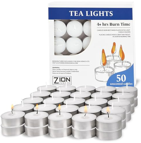Zion Judaica Lot de bougies chauffe-plat non parfumées de qualité supérieure sans fumée - Sans gouttes - Longue durée - Pour décoration d'intérieur, cérémonies religieuses (4 heures, 50 pièces)