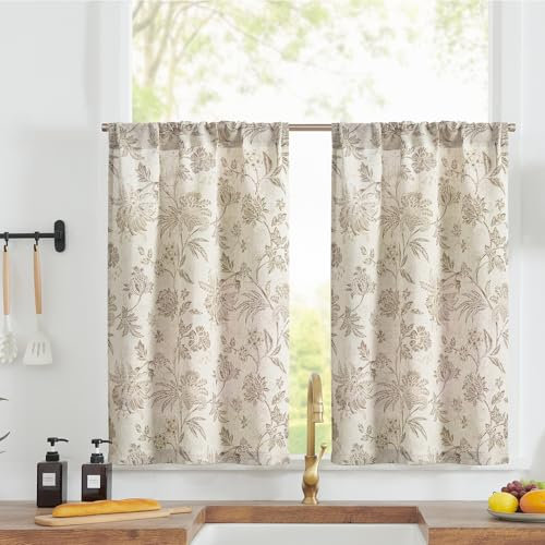 TOPICK Leinen Scheibengardinen 2er Set H60xB65(cm) Blumen Küchenvorhänge Kurz Bedrucktem landhausstil Bistrogardine Halbtransparent Gardinen Fenster Vorhänge für Wohnzimmer Braun auf Beige