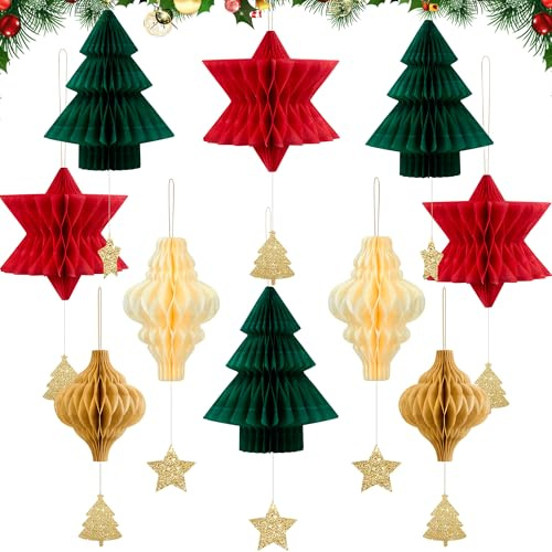 Syoulin-Weihnachtsdeko innen,weihnachtsdeko hängend，Tischdeko Weihnachten,papiersterne Weihnachten,3D Waben Weihnachtsschmuck,Neuartig und wiederverwendbar weihnachtsdeko papier-10Stück