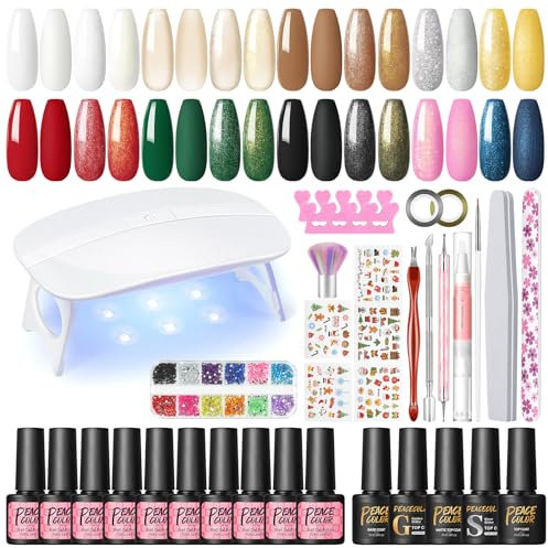PEACECOLOR 10 Farben UV Nagellack Set mit UV Lampe , Nagelset Gelnägel Starterset Gelnägel Farben Gel Nägel Selber Set Starterset Top Coat Base Coat Maniküre Set Komplett Weihnachtsgeschenke