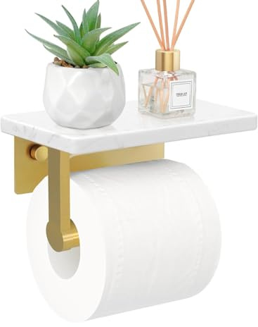 Porte Papier Toilette sans Perçage en Aluminium, Porte Rouleau Papier Toilette en marbre avec étagère, Support Papier Toilette Mural, Porte-Papier Mural pour Salle de Bain, Cuisine, Noir (Blanc Or)