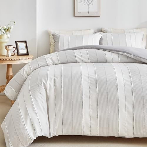 WARMDERN Light Grey Striped Weave Duvet Cover King Size, White Knit Boho Duvet Cover Set, Microfiber Textured Bedding Set with Zipper Closure and Corner Ties (Light Grey, King)