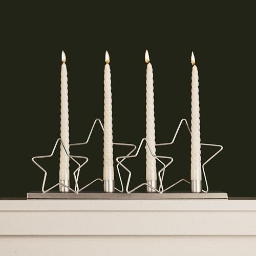 Garden Mile Silver Star Candle Holders - Taper Candles Holder Holds 4 Candles - Candelabra Candlestick Holders - Tabletop Christmas Home Decoration - Metal Candle Sticks Holder for Home Wedding