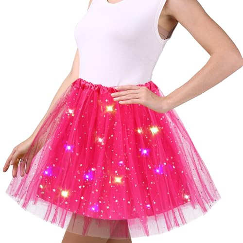Wishstar Jupe en Tulle Rose Rouge pour Femmes, Robe Danse à Paillettes étoilées, Mini-jupe Extensible avec Lumières LED, Jupe Tutu 45cm pour Adultes, Robe de Danse pour Adolescentes Carnaval Ballet