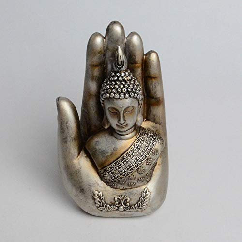 Decorazione per esterni, statua per la casa, decorazione del cortile, scultura, ornamento da giardino, statuetta, statuetta retrò di palma buddha effetto usato, argento, resina, artigianato, scultura,