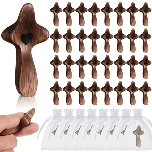 Threehoney 40 Pcs Cross My Heart, Wooden Cross Fidget Small Handheld Pocket Crosses in Bulk with Organza Bag Relief Fingertip Stress Christian Baptism First Communion Gift for Inspirational Prayer