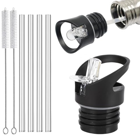 Pamtns 2 Pièces Bouchon Gourde Isotherme Universel Couvercle de Paille pour Bouche Standard Noir Bouchon Paille pour Bouteille Couvercle de Paille Anti-Fuite avec Paille et Brosse Nettoyage