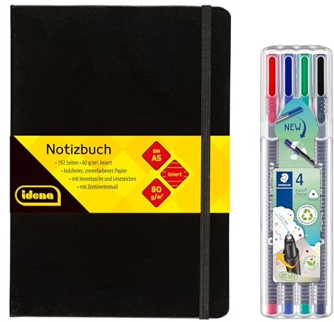 Idena 90331 - Notizbuch DIN A5 mit 192 Seiten, liniert, inkl. 4 STAEDTLER Triplus Fineliner mit superfeiner, metallgefasster Spitze, 0.3 mm