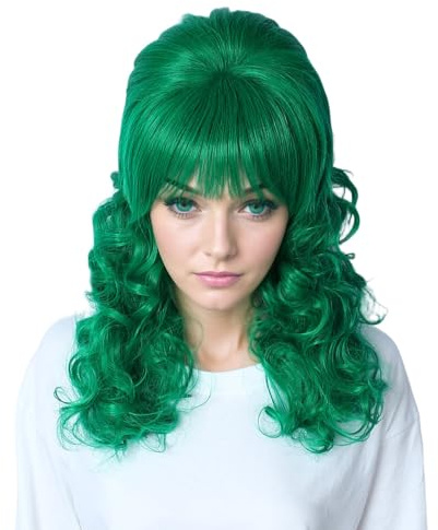 Linfairy Peluca larga ondulada con gran bouffant y estilo colmena adecuada para disfraces de los años 50 y 80 (Green)